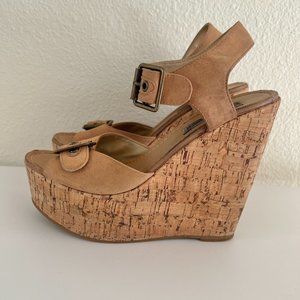 Steve Madden Rafiia Tan Leather and Cork Wedges, Women's Size 7